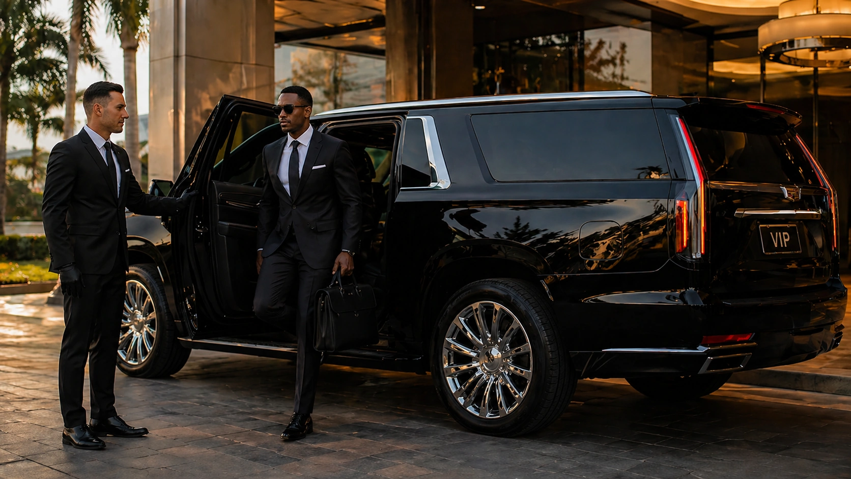 Two private chauffeurs in suits beside a car at Miami International Airport