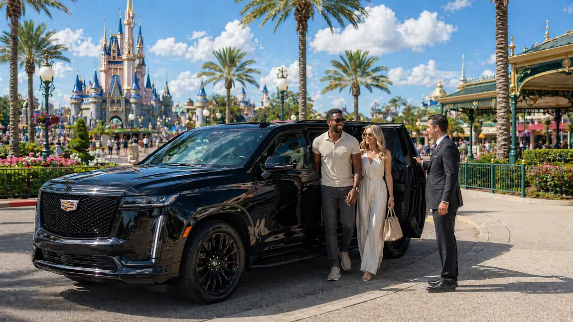 Couple with their driver and a black Cadillac Escalade for an Orlando transfer
