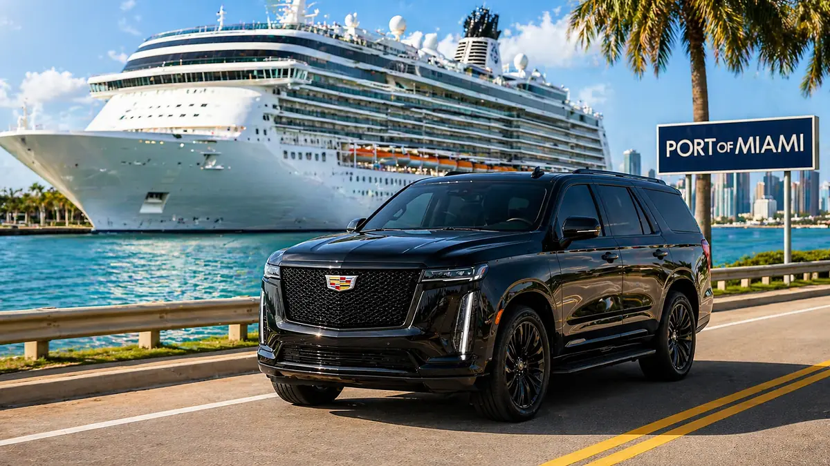 Black Cadillac Escalade at the PortMiami cruise terminal