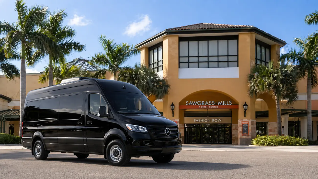 Black Mercedes Sprinter van in front of Sawgrass Mills mall